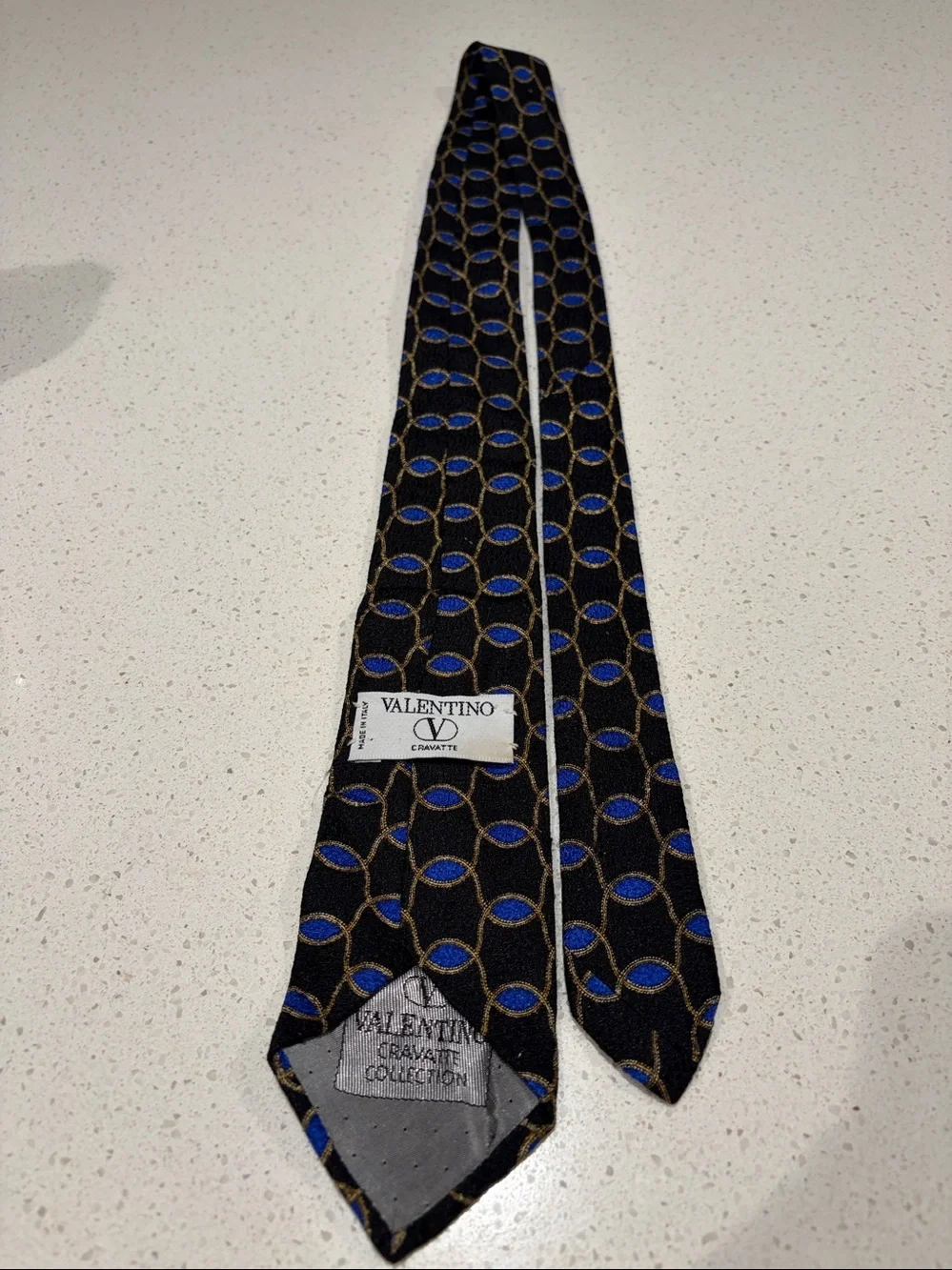 Valentino Black Silk Tie with Blue & Gold Geometric Motif - Boys length